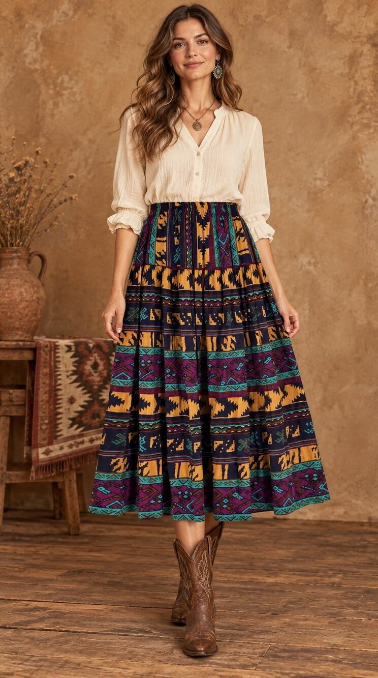 Vintage Aztec Southwest Print MIDI Retro Western Skirt Size XS/S Elastic Waist